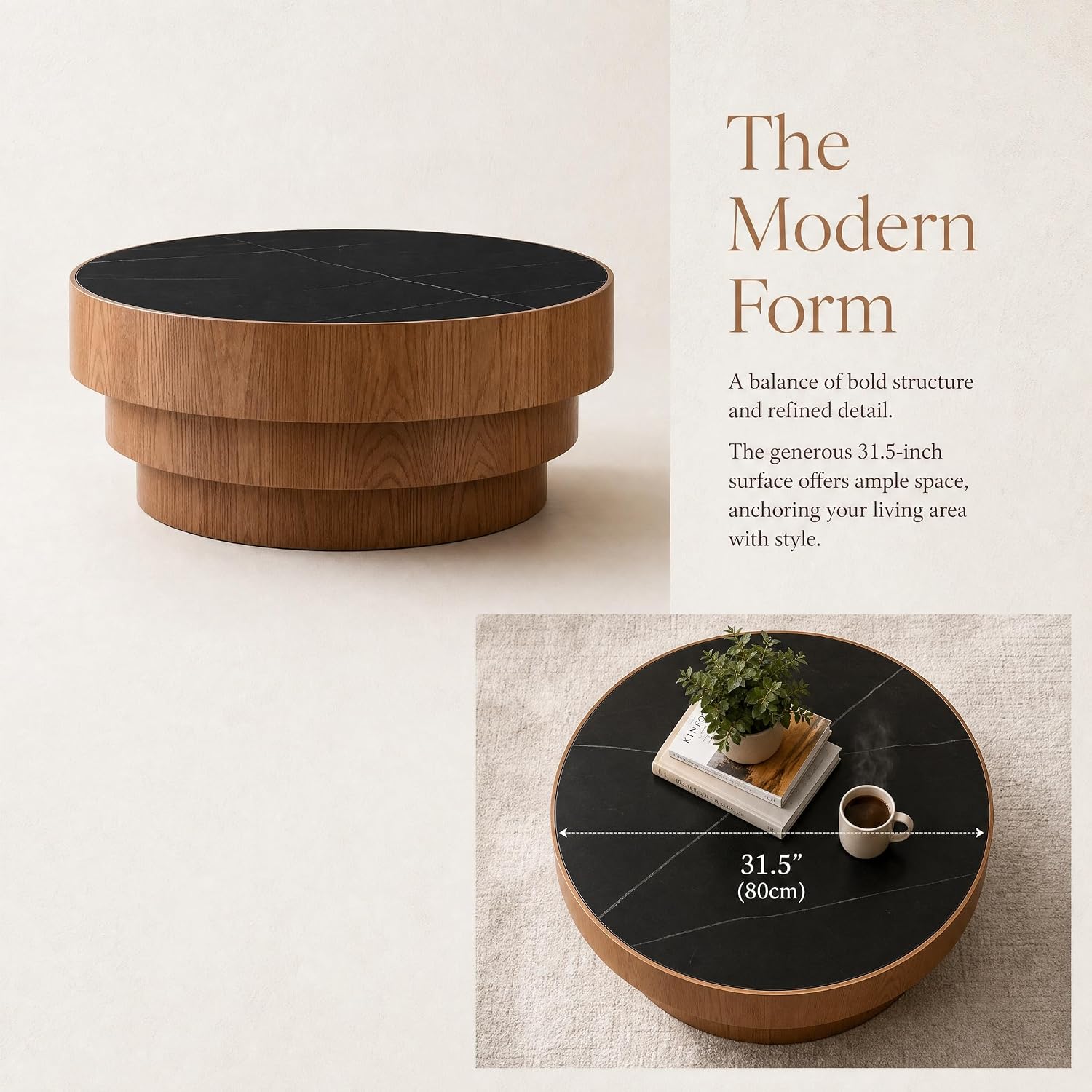 Black Round Coffee Table, 31.5' Round Coffee Table with Sintered Stone Tabletop and MDF with Wood Veneer Tiered Base, Modern Low Profile Circle Cocktail Tea Table for Living Room