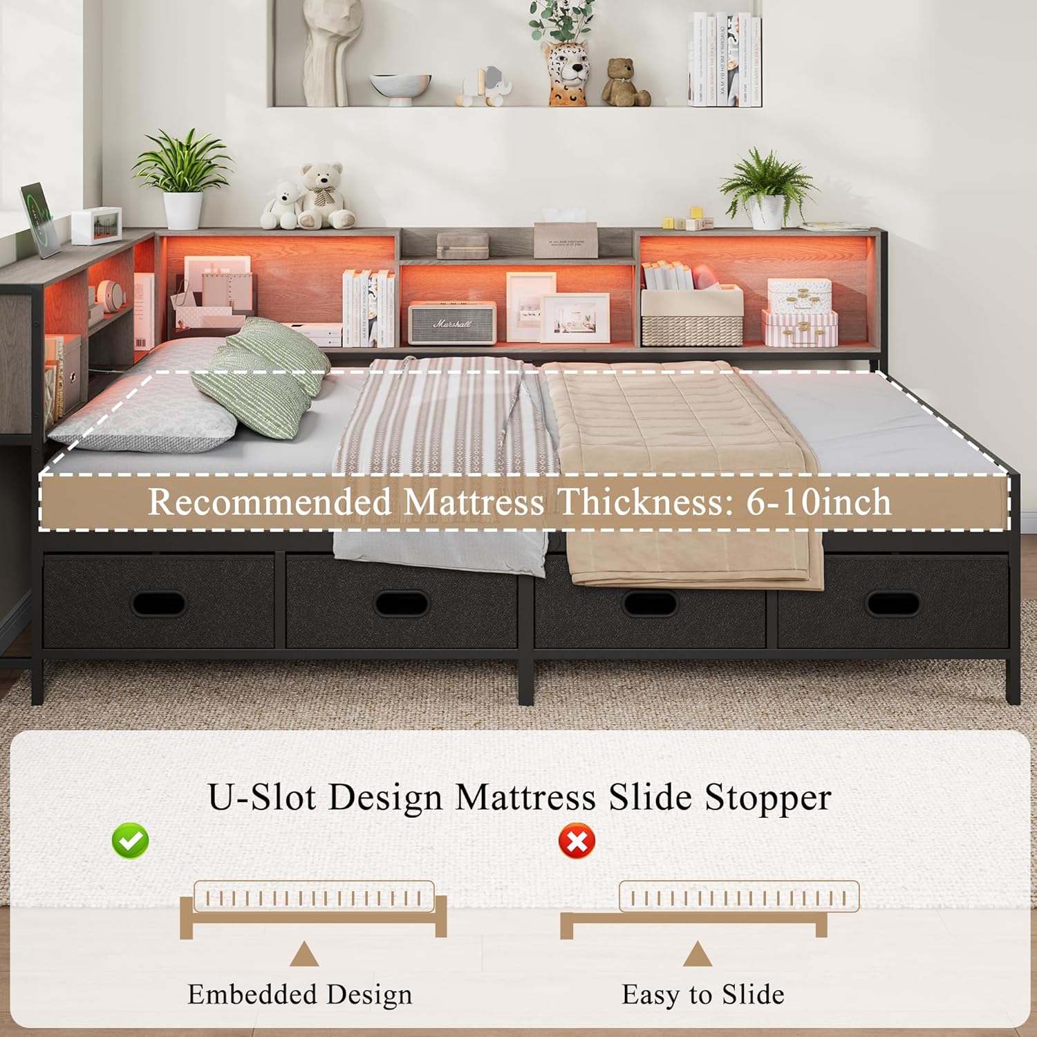 Full Size Corner Bed Frame with LED Lights, Charging Station & 8-Bookcase Headboard, Metal Platform Corner Bed with 4 Storage Drawers, Full Daybed for Kids Teens Guests, Gray