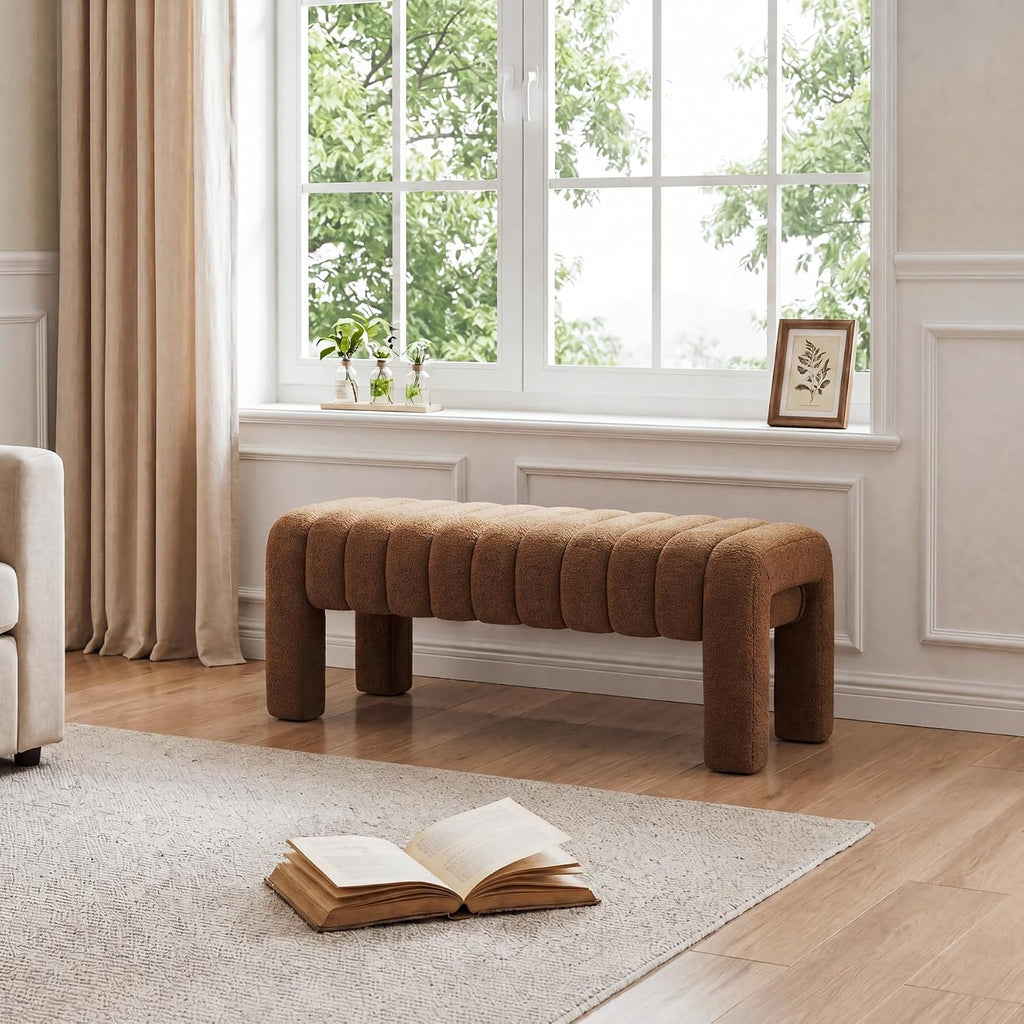43'' Bedroom Bench, Upholstered End of Bed Bench with Solid Wood Legs, Modern Small Dining Bench with Full Covered Fabrics for Entryway, Bedroom, Living Room (Rust Brown, Boucle)
