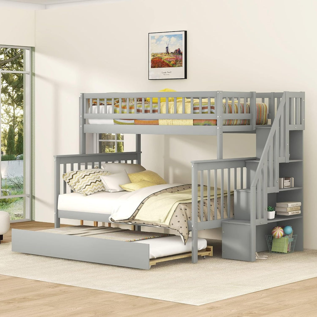Merax Twin-Over-Full Stairway Bunk Bed with Trundle, Storage Staircase and Full Length Guardrail, Solid Wood Storage Bunk Bed with Trundle, No Spring Box Needed (Grey)