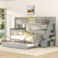 Merax Twin-Over-Full Stairway Bunk Bed with Trundle, Storage Staircase and Full Length Guardrail, Solid Wood Storage Bunk Bed with Trundle, No Spring Box Needed (Grey)
