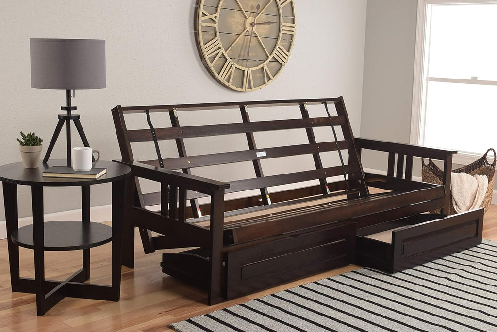 Kodiak Furniture Monterey Futon Set with Storage Drawers, with Espresso Base and Linen Charcoal Mattress