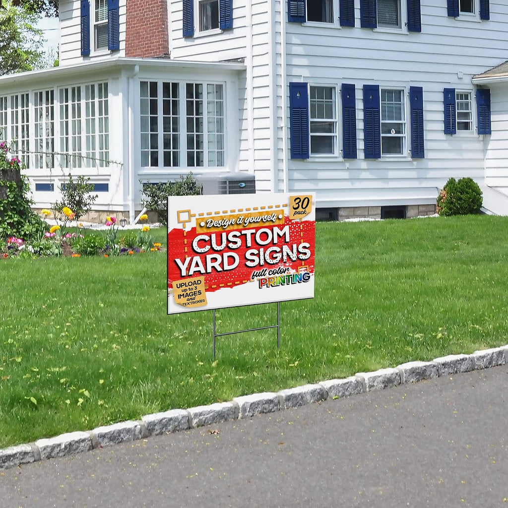 24'x18' Custom Yard Signs with Metal Stakes (30-Pack), Design-Your-Own Lawn Signs, Personalized Signages with Full Color Printing and Uploadable Images/Textboxes, One-Sided Yard Signs for Outdoor Events