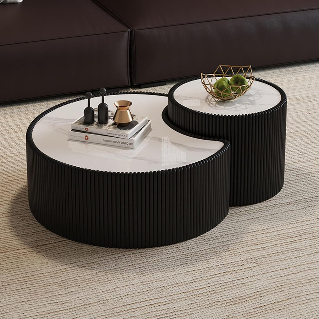 29.53' Black Round Coffee Table, Drum Coffee Table with Sintered Stone Tabletop and Fluted PU Leather Covered and Stable Base, Circle Cocktail Tea Table for Living Room