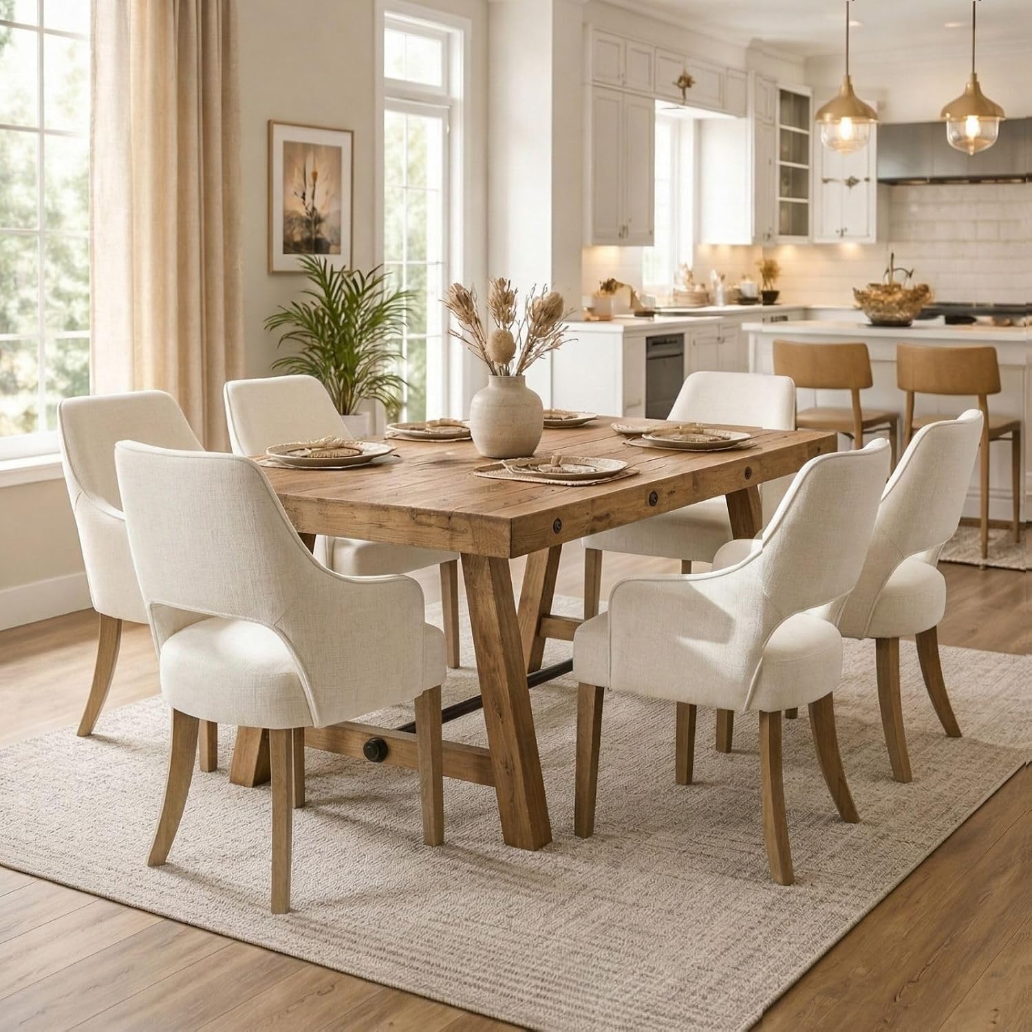 Farmhouse Upholstered Dining Chairs Set of 2, Linen Fabric Dining Room Chairs with Arms, Solid Wood Kitchen Side Chairs for Dining Living Room Bedroom, Upgraded Size, Cream