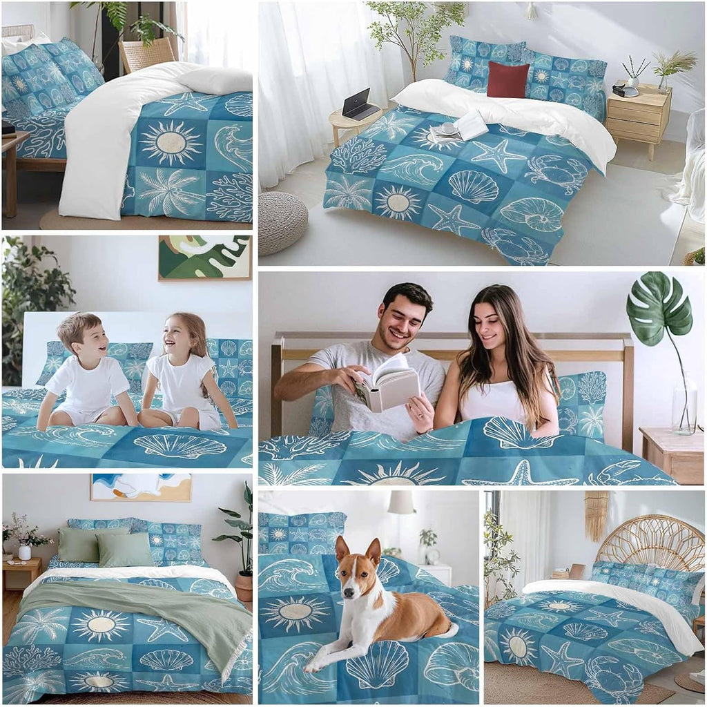 Prime Leader Blue Coastal Duvet Cover Set Queen Size 4 Pieces Summer Ocean Waves Shell Crab Coconut Tree Bedding Set with Zipper Closure, 1 Comforter Cover 92x106 Inches 1 Flat Sheet & 2 Pillow Cases