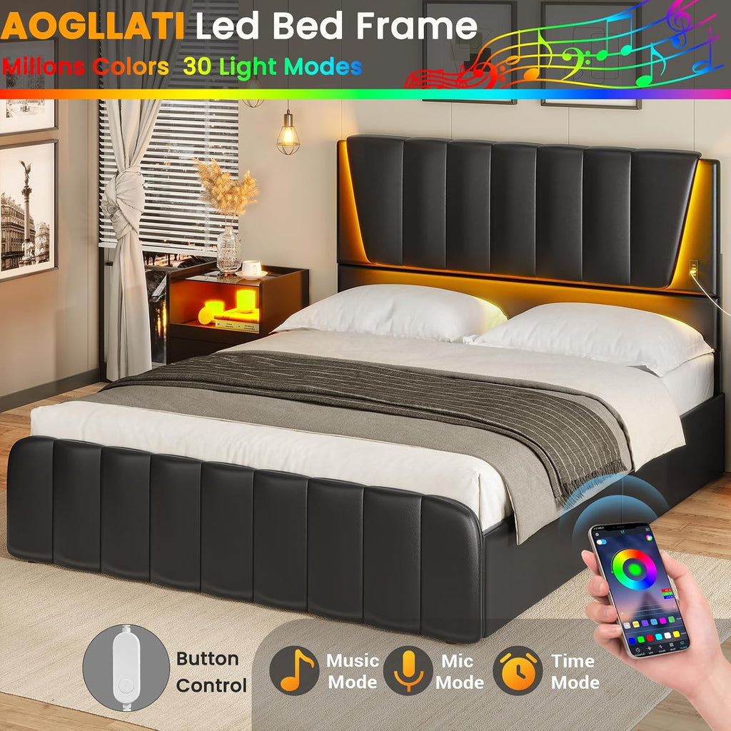 AOGLLATI Full Size Bed Frame with Headboard, 4 Storage Drawers, LED Lights, USB Ports, Wooden Slats Support, No Box Spring Needed