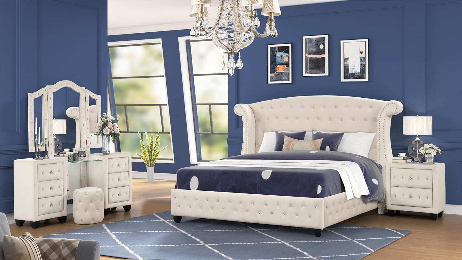 Crystal Tufted Full 4 Pc Vanity Bedroom Set Made with Wood in Cream