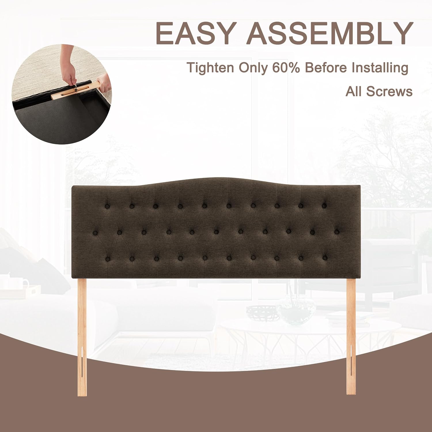 Huatean Home Tufted Upholstered Headboard Full Size, Sturdy and Durable Solid Wood Bed headboard, Fabric Headboard Adjustable Height from 37' to 51', Button Diamond Design Head Board, Chocolate