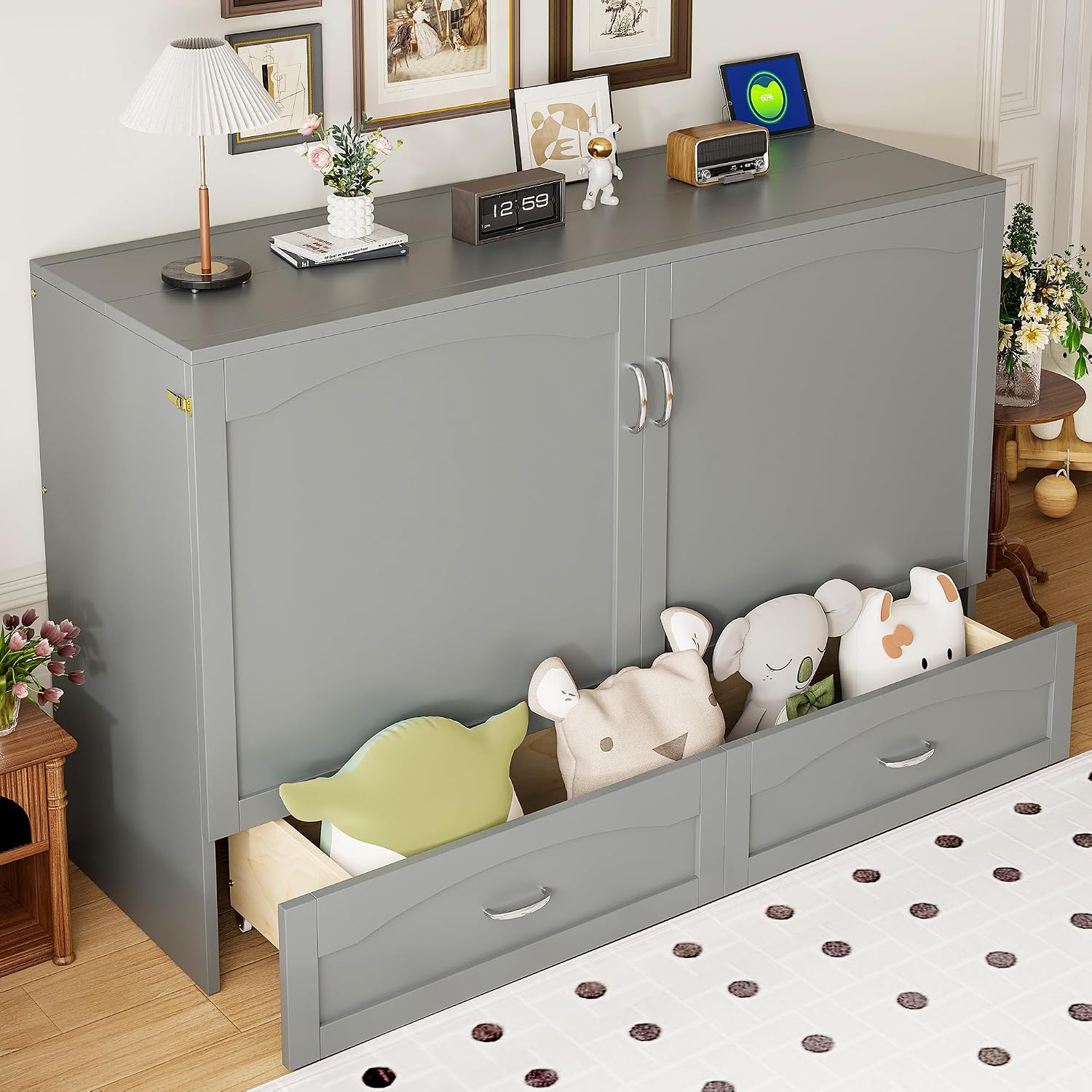 Queen Size Murphy Bed Wall Bed with Storage Drawer and a Set of Sockets & USB Ports, Space-Saving for Multipurpose Guest Room or Home Office, Gray