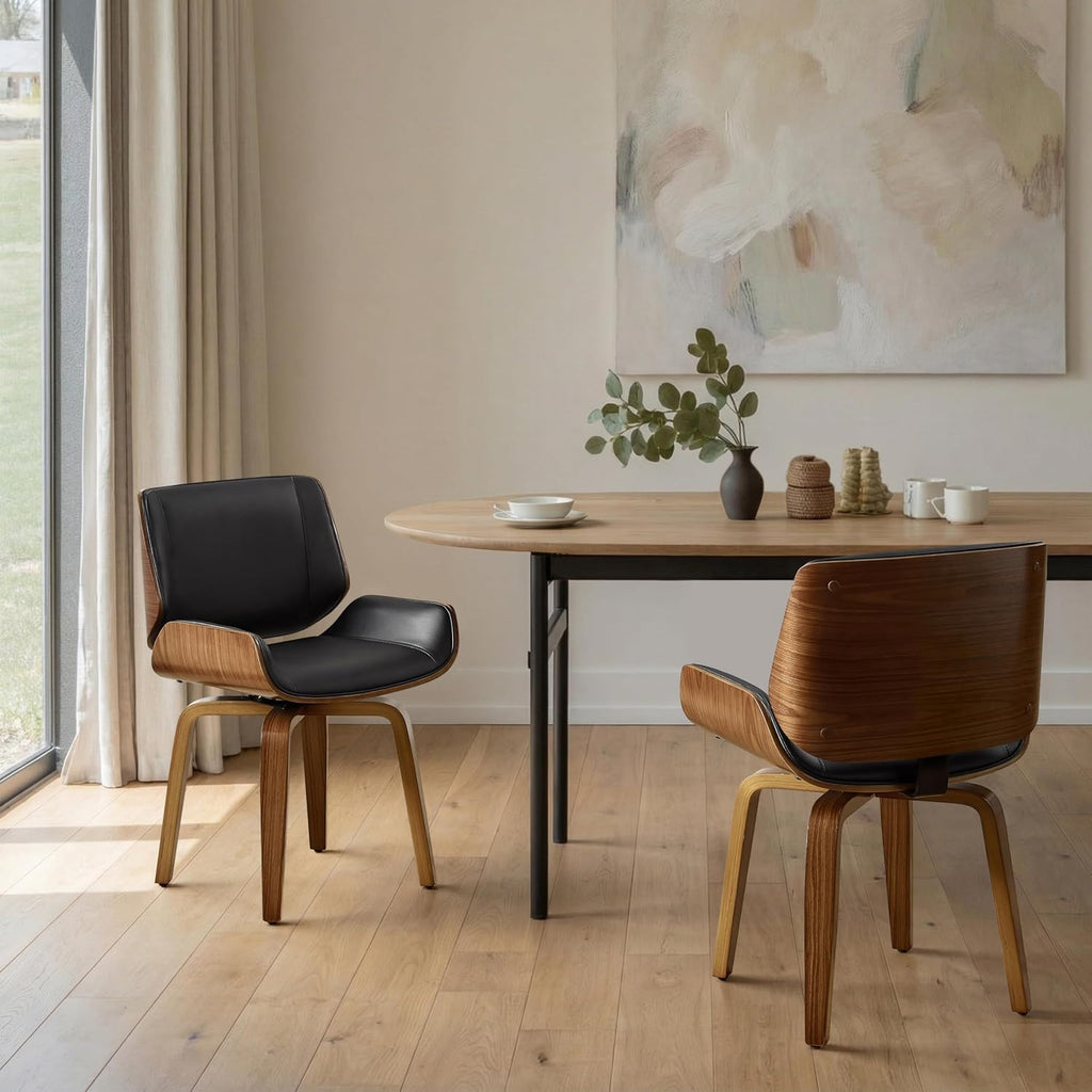 Zouron 360° Swivel Dining Chairs, Mid Century Modern Retro Faux Leather Chair with Walnut Bentwood Legs, Kitchen Dining Room Chairs with Upholstered Seat, (Set of 4, Black)