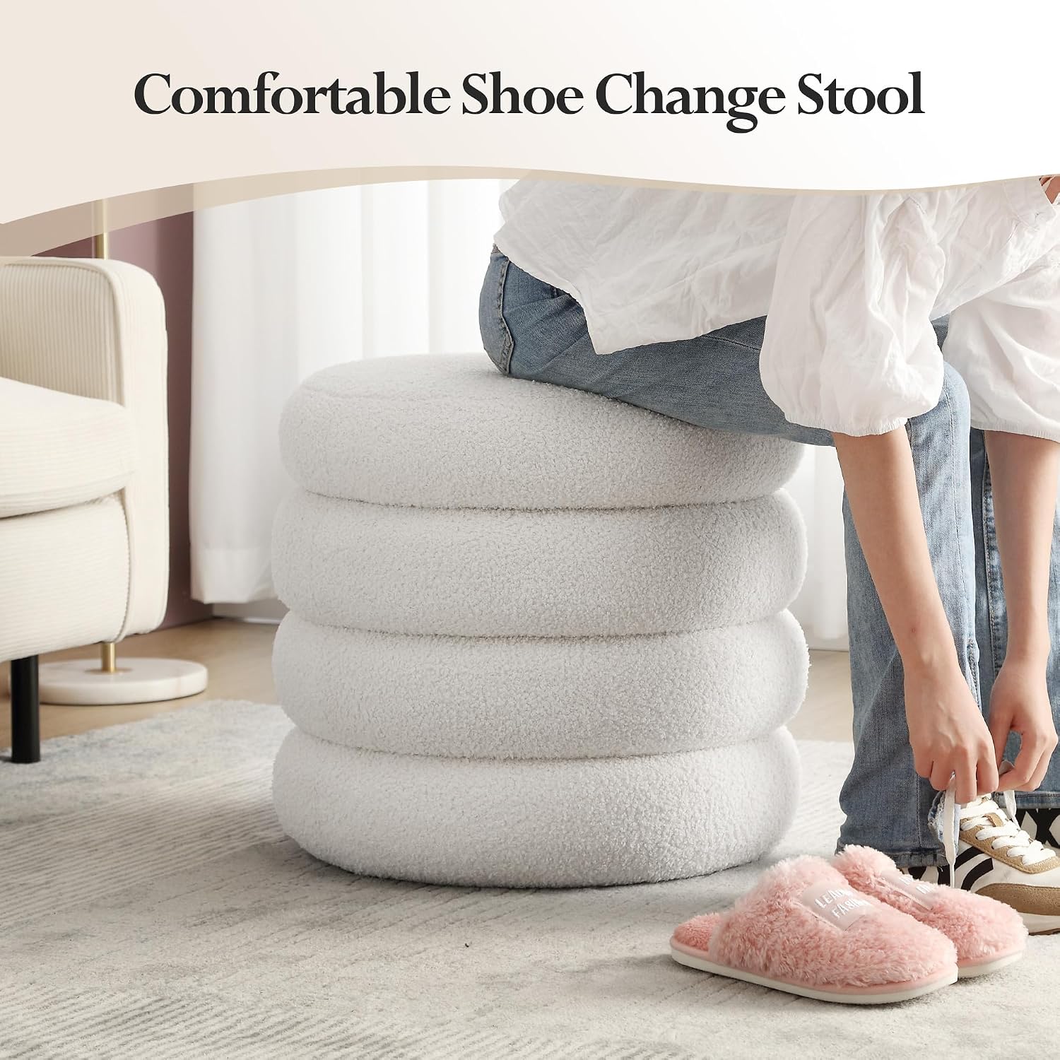 19.5 Inch Round Storage Ottoman, Modern Sherpa Ottoman Coffee Table with Removable Top, White Vanity Stool with Storage for Bedroom, Living Room, Dorm, Set of 1