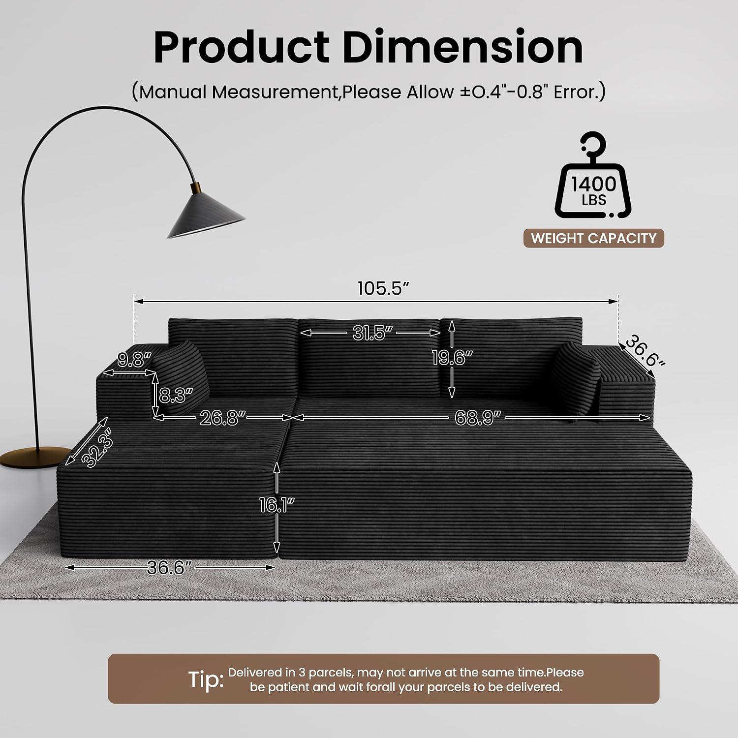 GRUSIGN 106' Oversized Sectional Boneless Sleeper Sofa Bed Couches for Living Room, Modular L Shaped Couch with Left Facing Chaise & Big Ottoman, Compressed Spineless Corduroy Cloud Sofas, Black | Deep Seat