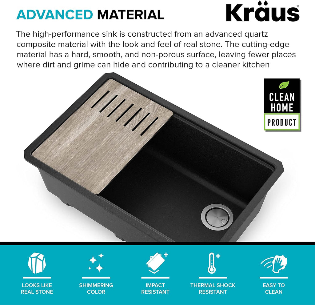 KRAUS Bellucci 30' in. Undermount Workstation Granite Kitchen Sink in Metallic Black with Accessories, KGUW2-30MBL