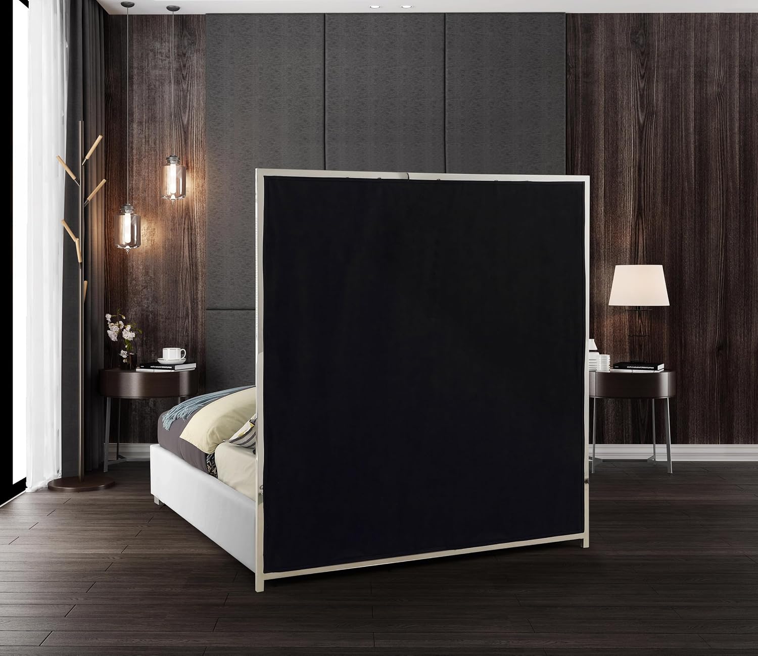 Meridian Furniture MilanWhite-K Milan Collection Modern Contemporary Vegan Leather Upholstered Bed, Custom Chrome Metal Legs, Geometric Designed Headboard, 81.5' W x 84.5' D x 70' H, White, King