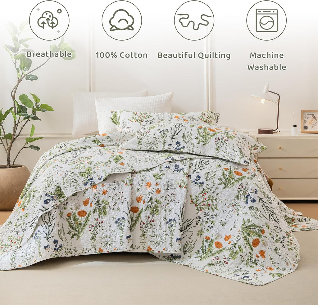 Sanracie California King Quilt Bedding Set(118'x106'), 100% Cotton Soft Breathable Green Floral Bedspread Sets 3Pcs Yellow Flowers Plant Pattern Botanical Printed Quilted Set for All Season