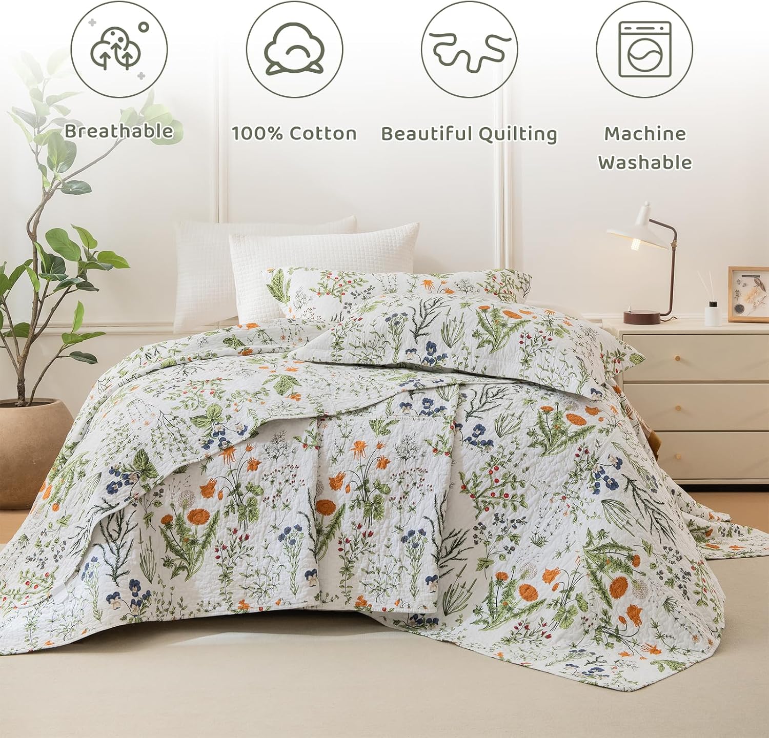 Sanracie California King Quilt Bedding Set(118'x106'), 100% Cotton Soft Breathable Green Floral Bedspread Sets 3Pcs Yellow Flowers Plant Pattern Botanical Printed Quilted Set for All Season