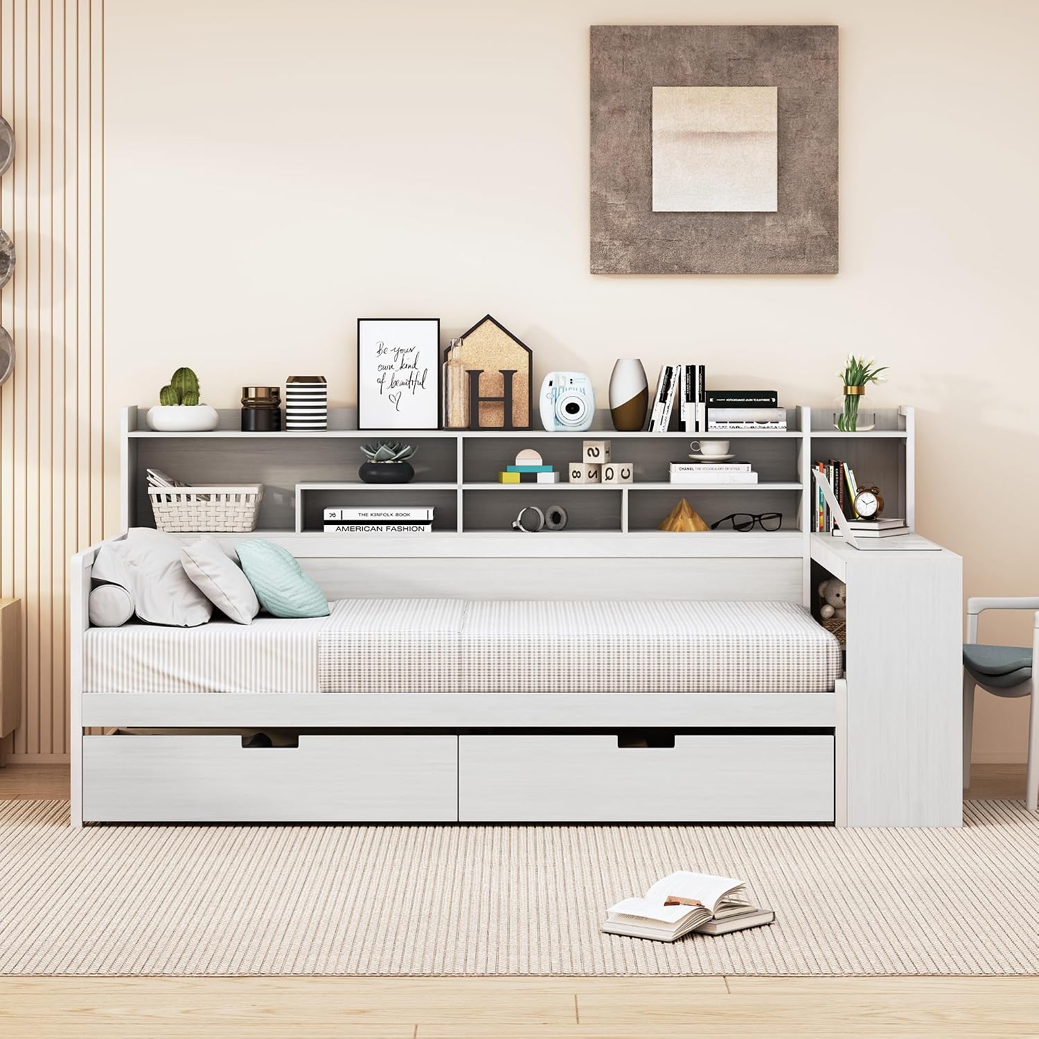 RuiSiSi Twin Size Daybed with Storage Drawers and Bookcase, Wood Daybed with Desk and Storage Headboard, Twin Corner Bed with Storage Shelves Drawers for Kids Teens Adults Bedroom, Antique White