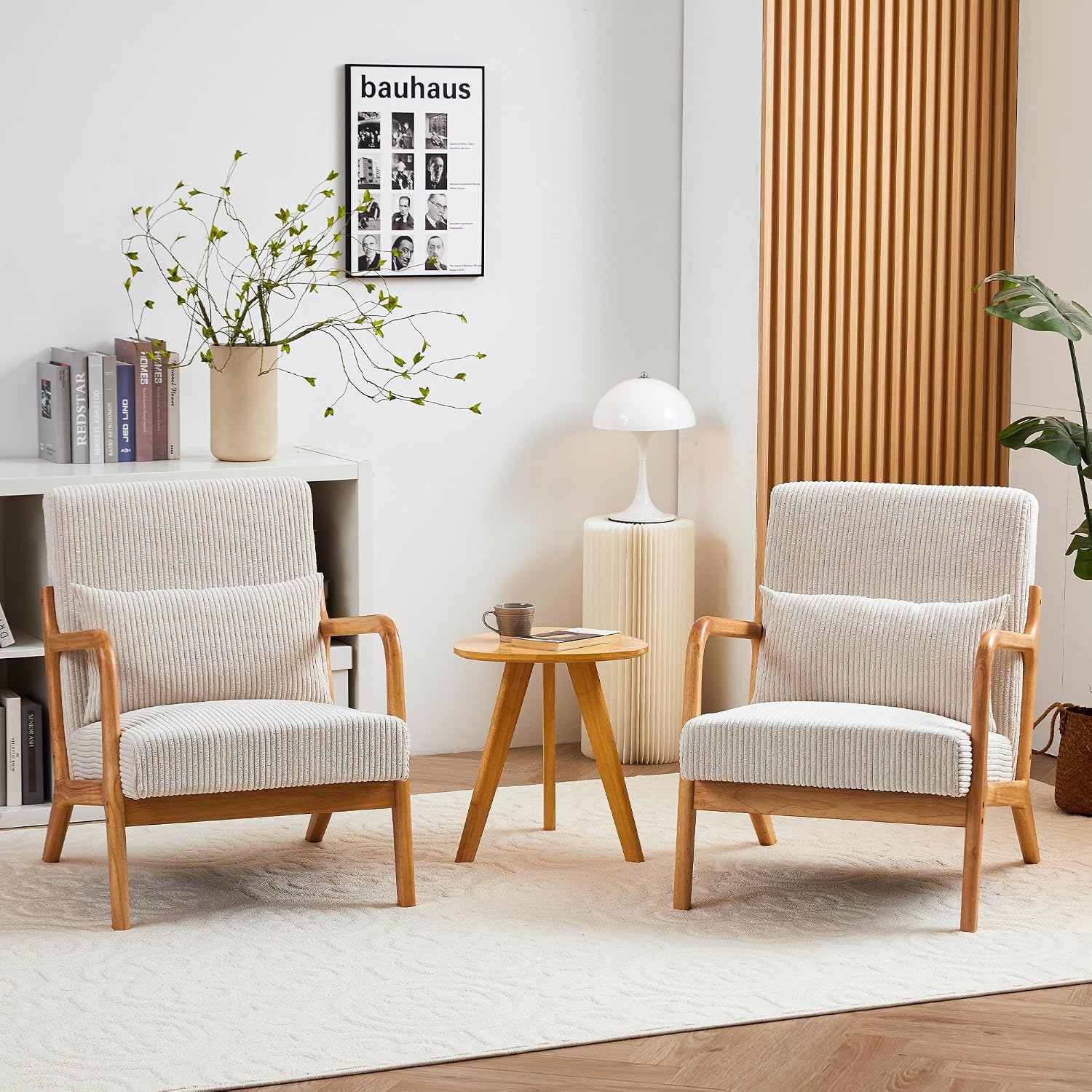 QQU Corduroy Accent Chairs with Waist Cushions, Mid-Century Modern Living Room Chairs, Sturdy Wood Frame Armchairs, Upholstered Accent Chairs for Living Room, Bedroom, Apartments, Beige