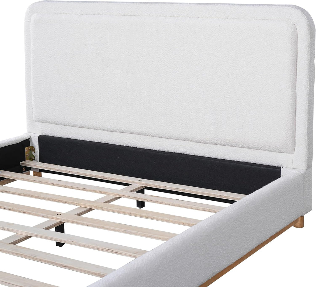 Christopher Knight Home Robey Queen Size Platform Bed Frame, Boucle Fabric Queen Size Bed Frame and Headboard, Modern Queen Bed Set, Wooden Slat Support, No Box Spring Needed, Easy Assembly, White