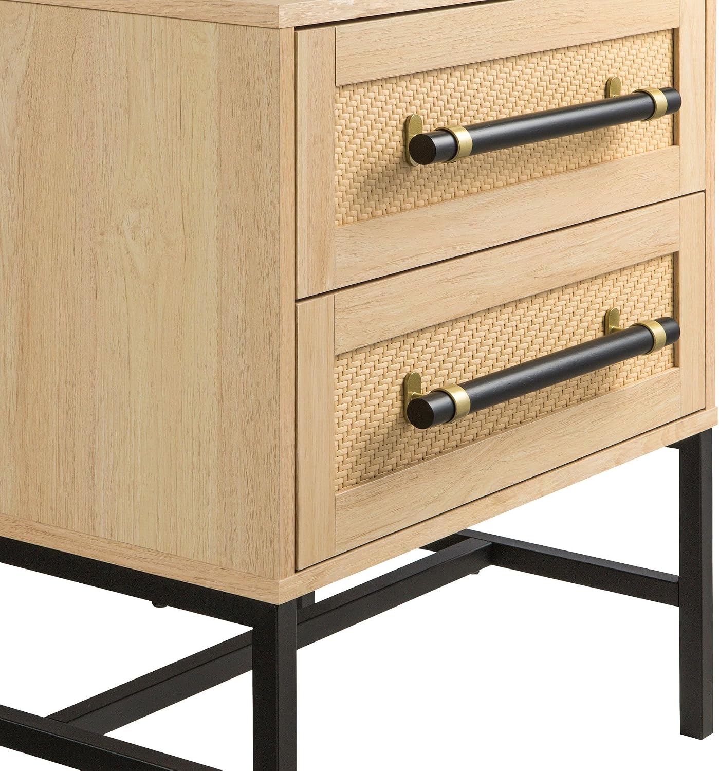 Sophia 2-Drawer Nightstand in Natural Oak Look with Rattan Panels and Minimalist Black Metal Frame- Perfect Bedroom Storage for Small Spaces, Large Suites, or Living Rooms