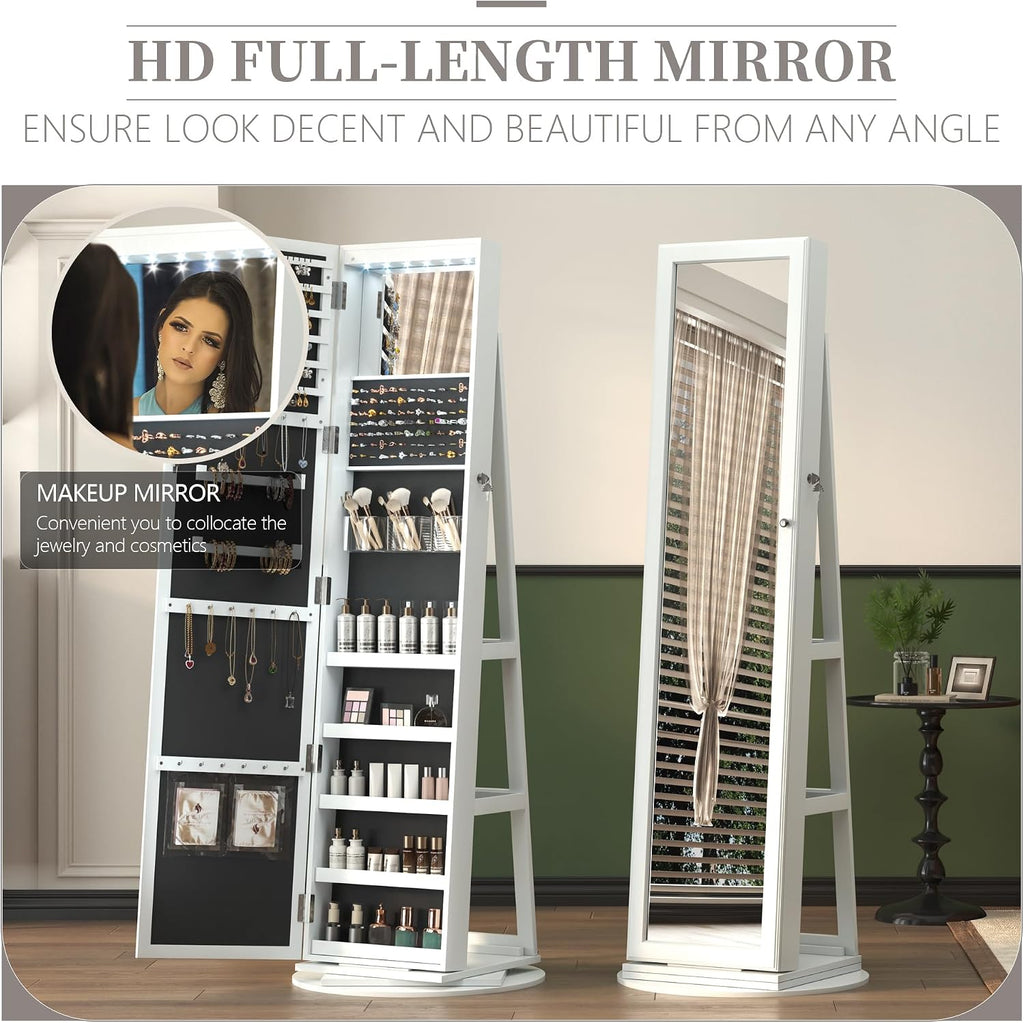 LVSOMT Mirror Jewelry Cabinet Standing, 360° Swivel Jewelry Armoire with 6 LED Lights and Interior Mirror, Full Length Mirror with Storage, Standing Lockable Jewelry Organizer, White