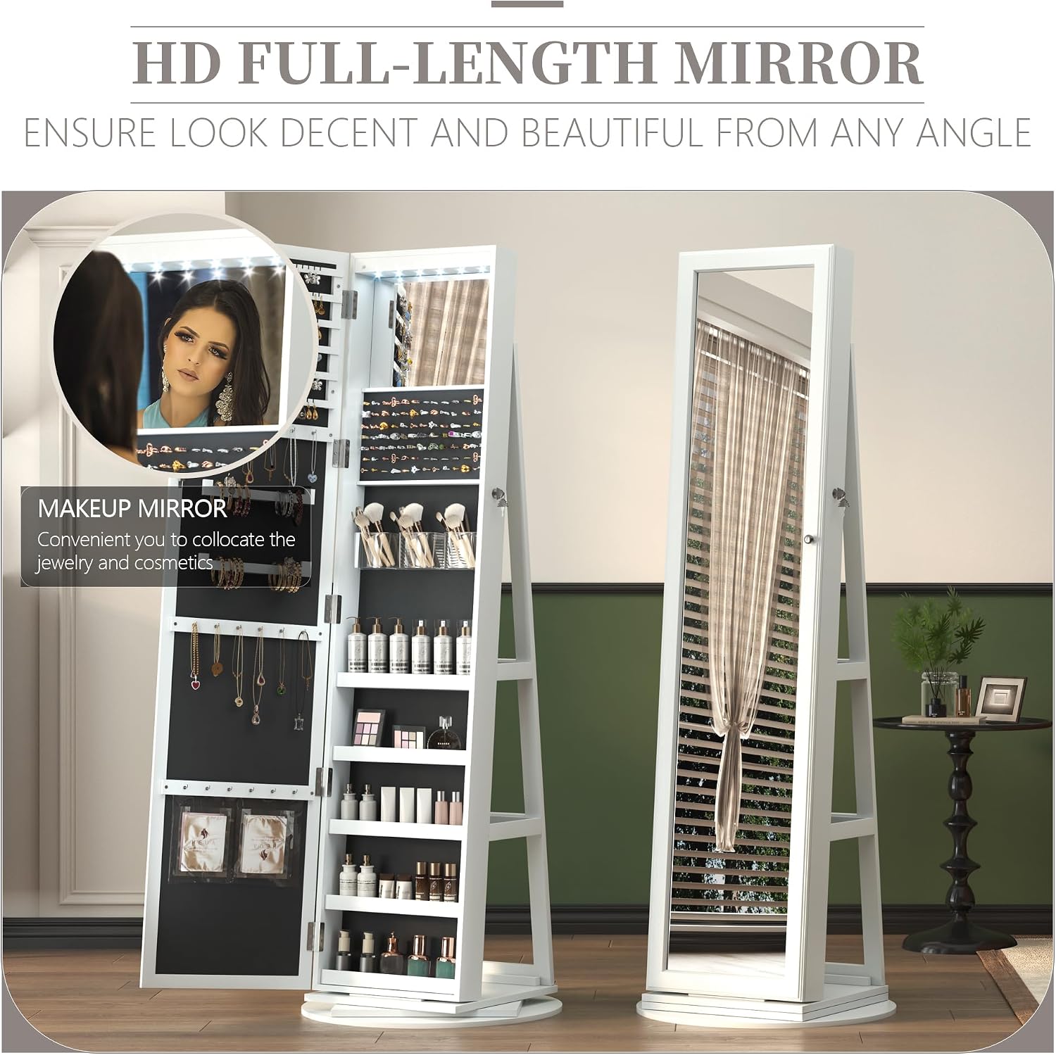 LVSOMT Mirror Jewelry Cabinet Standing, 360° Swivel Jewelry Armoire with 6 LED Lights and Interior Mirror, Full Length Mirror with Storage, Standing Lockable Jewelry Organizer, White