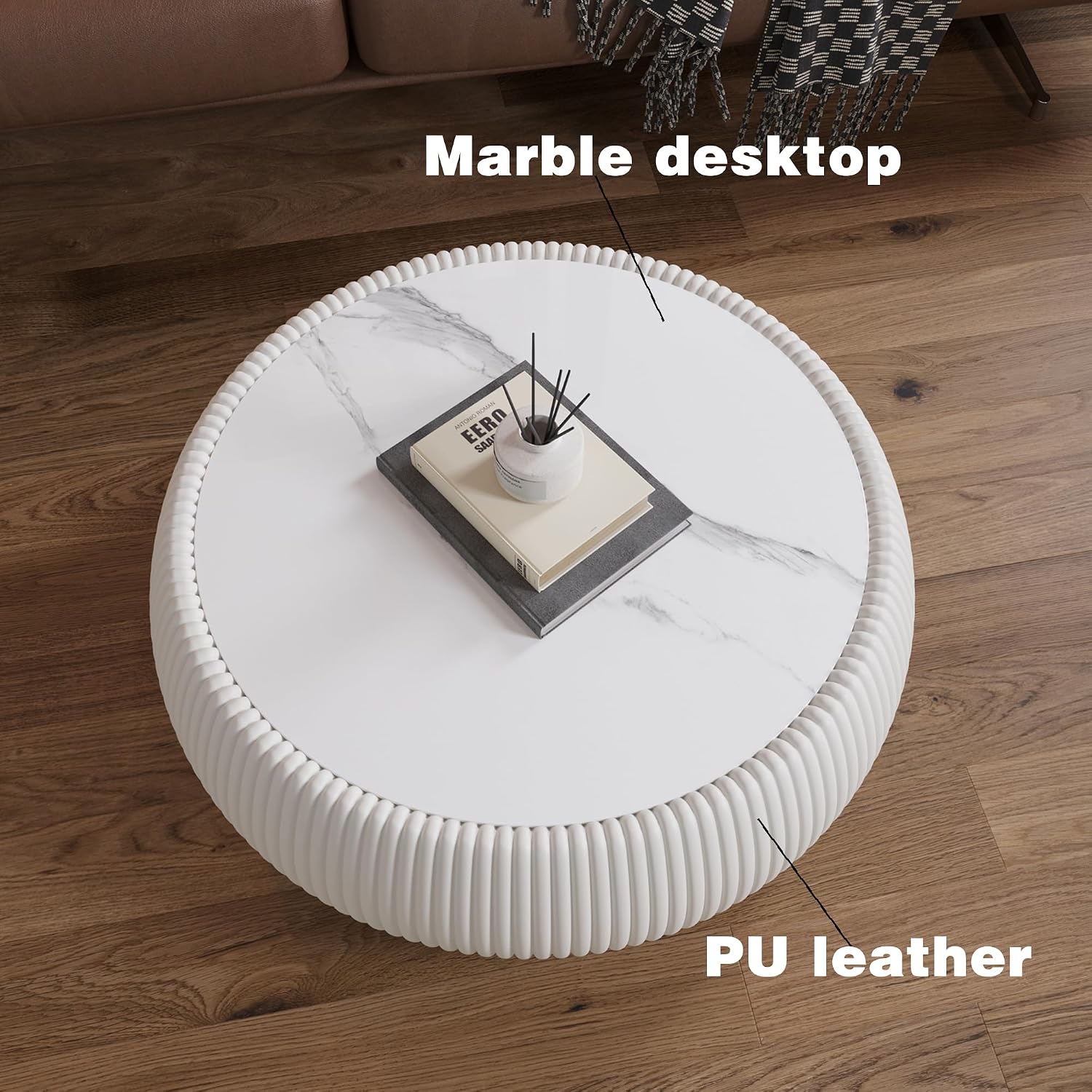 27.55' White Round Coffee Table, Drum Coffee Table with Sintered Stone Tabletop and Fluted PU Leather Covered and Stable Base, Circle Cocktail Tea Table for Living Room