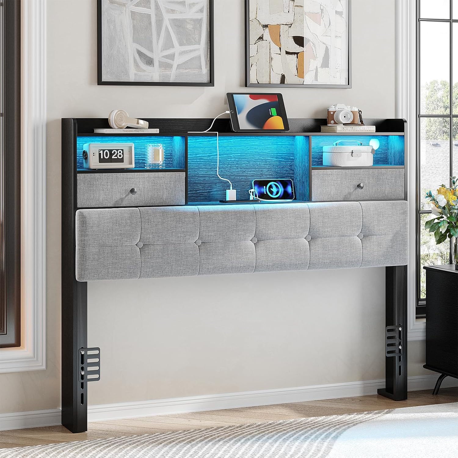 Maupvit Headboard Full Size with Storage, Full Headboard Only with 2 Drawers, Charging Station and LED Lights, Upholstered Headboards Easy Assembly, Black&Grey