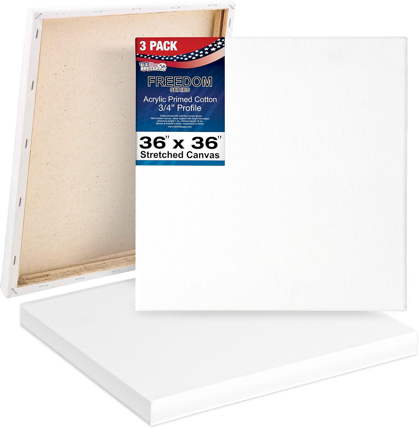 U.S. Art Supply 36 x 36 inch Stretched Canvas 12-Ounce Triple Primed, 3-Pack - Professional Artist Quality White Blank 3/4' Profile, 100% Cotton, Heavy-Weight Gesso - Acrylic Pouring, Oil Painting