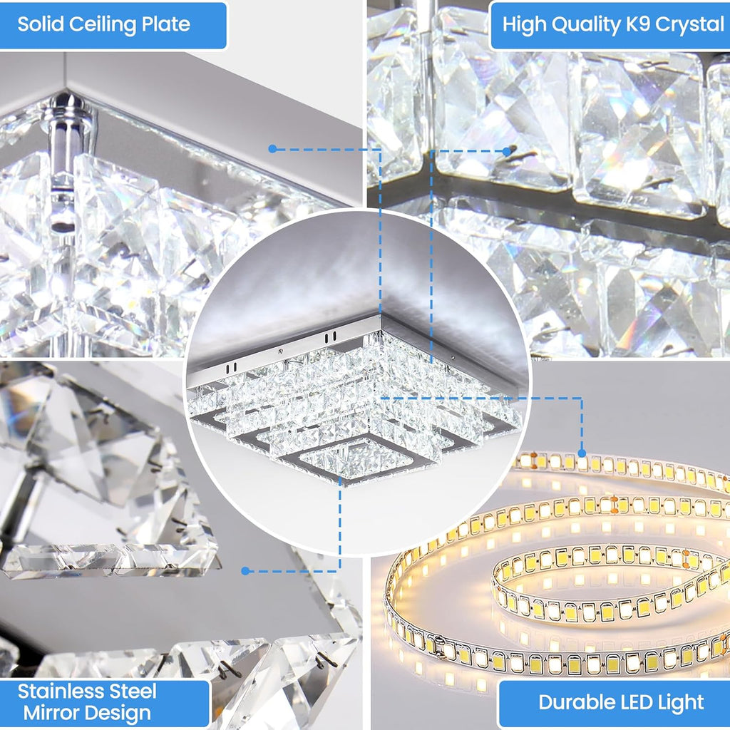 Finktonglan Square Crystal Ceiling Light Fixture, 15' Modern Flush Mount Chandelier, 3-Tier LED Ceiling Light for Living Room Dining Room Bedroom Hallway, 6500K Cool White
