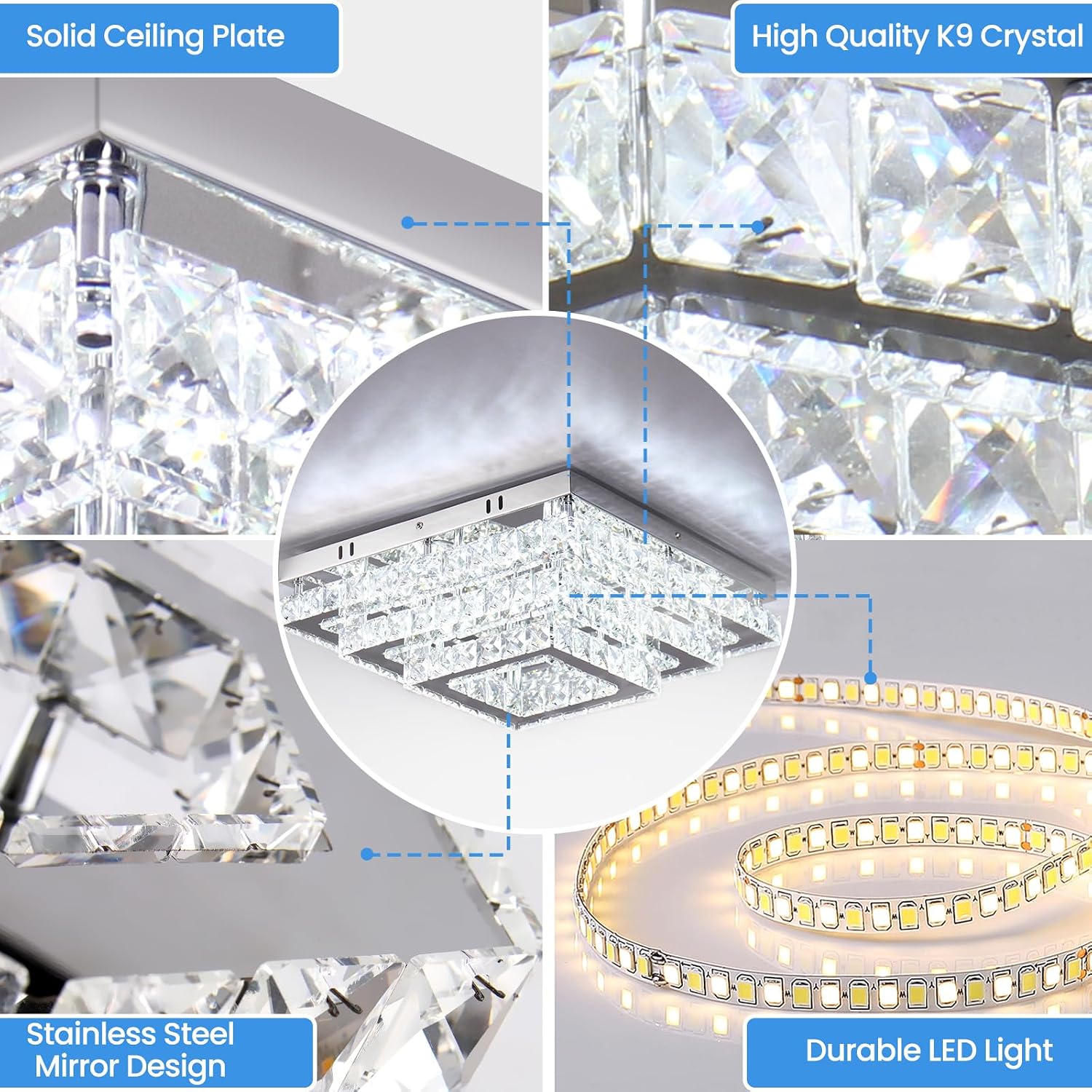 Finktonglan Square Crystal Ceiling Light Fixture, 15' Modern Flush Mount Chandelier, 3-Tier LED Ceiling Light for Living Room Dining Room Bedroom Hallway, 6500K Cool White