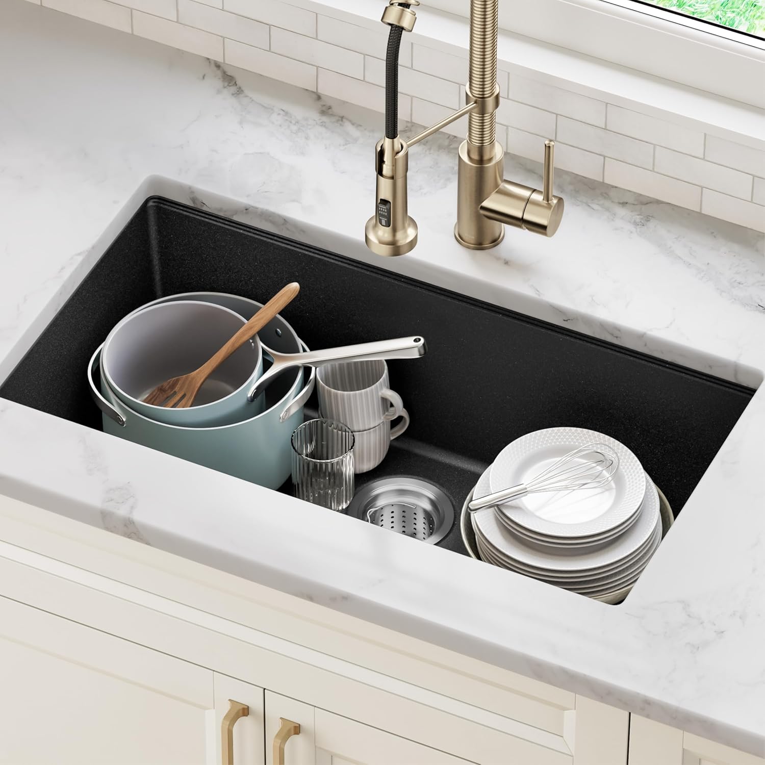 KRAUS Quarza 31-inch Undermount Single Bowl Granite Kitchen Sink in Black Onyx, KGU-413B