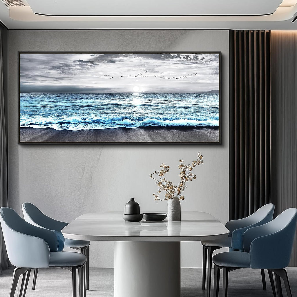 Wapluam Framed Wall Art for Bedroom Decor, Beach Canvas Wall Art Large Ocean Sunset Seascape Print, Modern Coastal Landscape Artwork for Living Room Bathroom Home Decor Ready to Hang 32x72 In