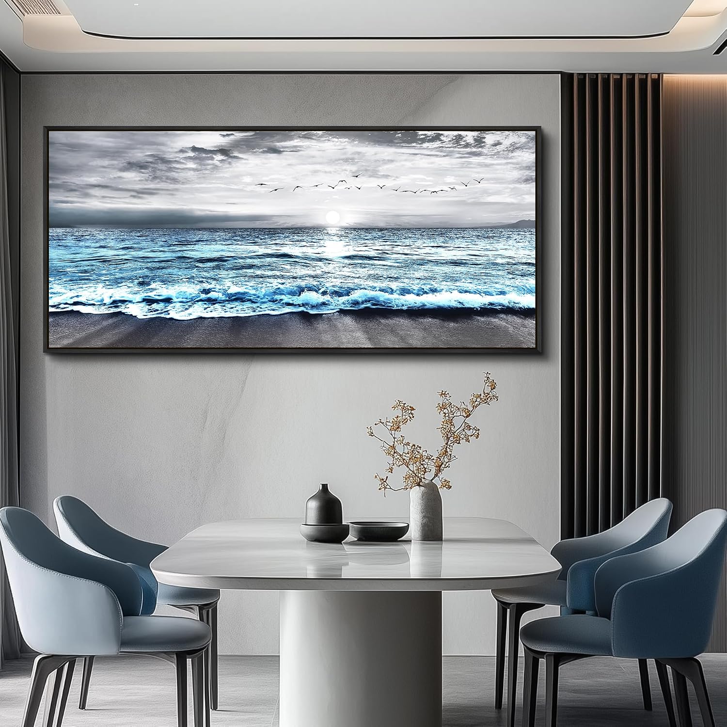 Wapluam Framed Wall Art for Bedroom Decor, Beach Canvas Wall Art Large Ocean Sunset Seascape Print, Modern Coastal Landscape Artwork for Living Room Bathroom Home Decor Ready to Hang 32x72 In
