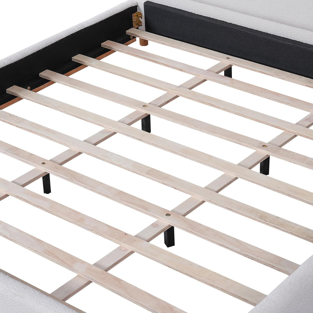 Christopher Knight Home Robey King Size Platform Bed Frame, Boucle Fabric King Size Bed Frame and Headboard, Modern King Bed Set, Wooden Slat Support, No Box Spring Needed, Easy Assembly, White