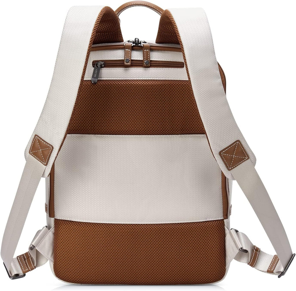 DELSEY PARIS Chatelet Air 2.0 - Travel Laptop Backpack - Fits 14' Laptop - Water-Repellent Recycled Fabric Backpack - Vegan Leather Trim - Smart Trolley Band, Angora