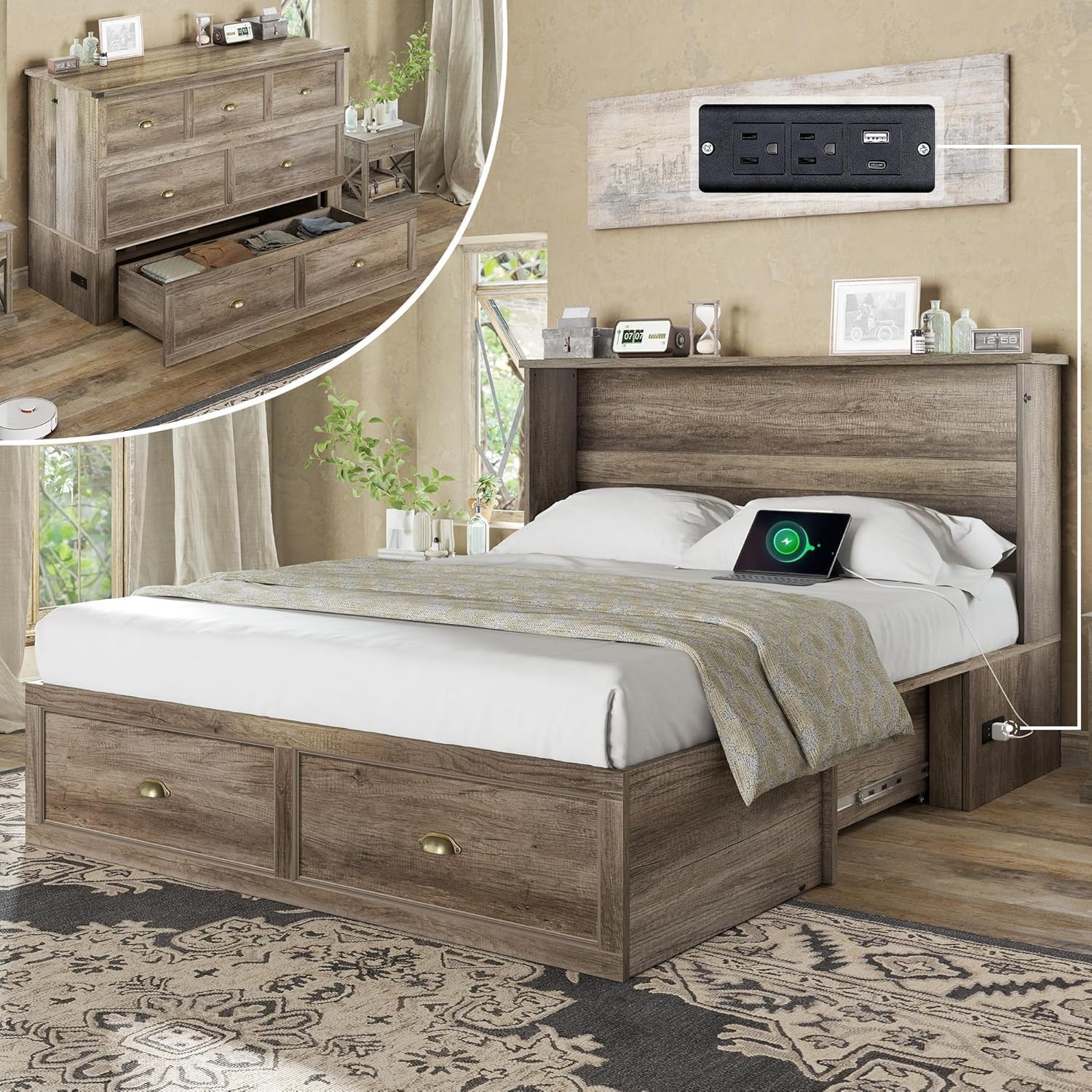 AMERLIFE Full Size Murphy Bed with Folding Mattress, Farmhouse Wooden Cabinet with Charging Station and Storage Drawer for Bedroom/Office/Guest Room, Grey Oak