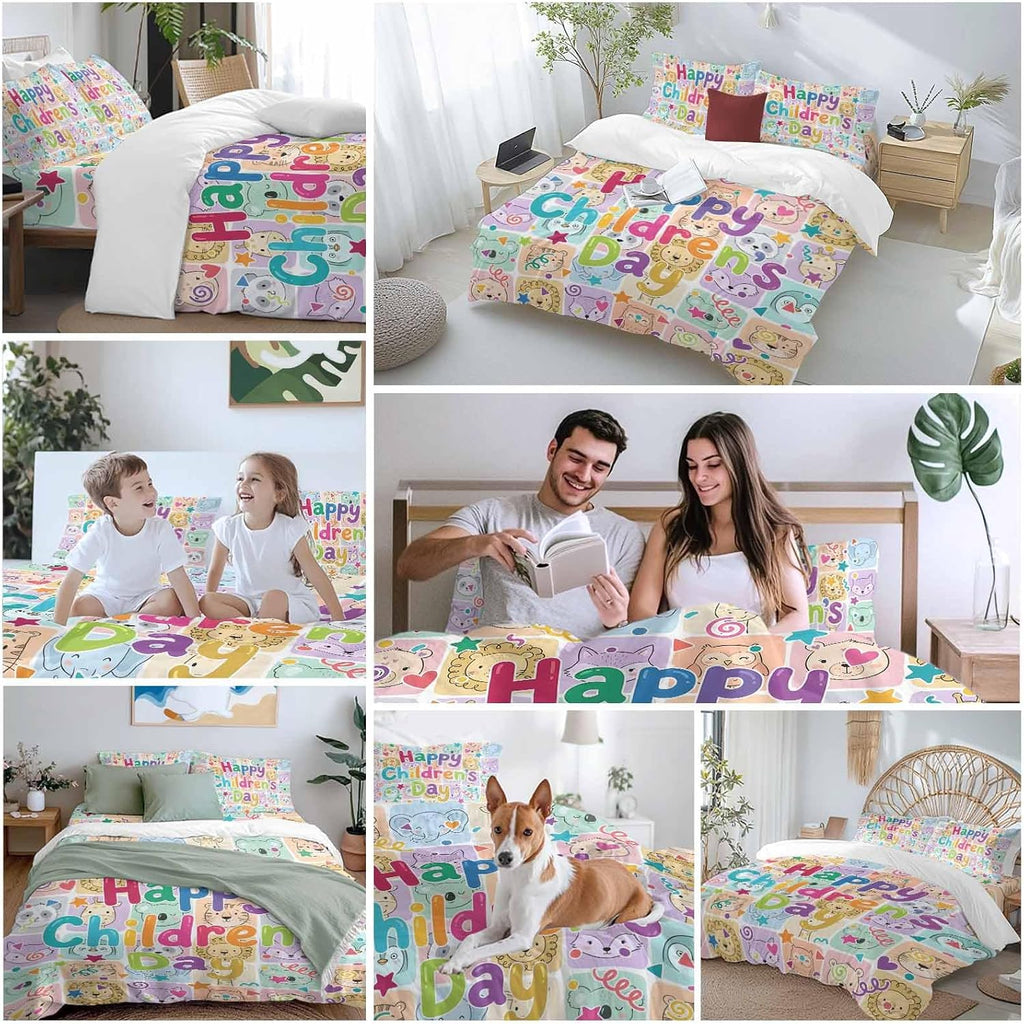 Happy Children's Day Duvet Cover Set Queen 4 Pieces Cartoon Animal Tigers Koalas Elephant Lions Foxes Plaid Bedding Set with Zipper Closure,1 Comforter Cover 92x106 Inch 1 Flat Sheet&2 Pillow Cases