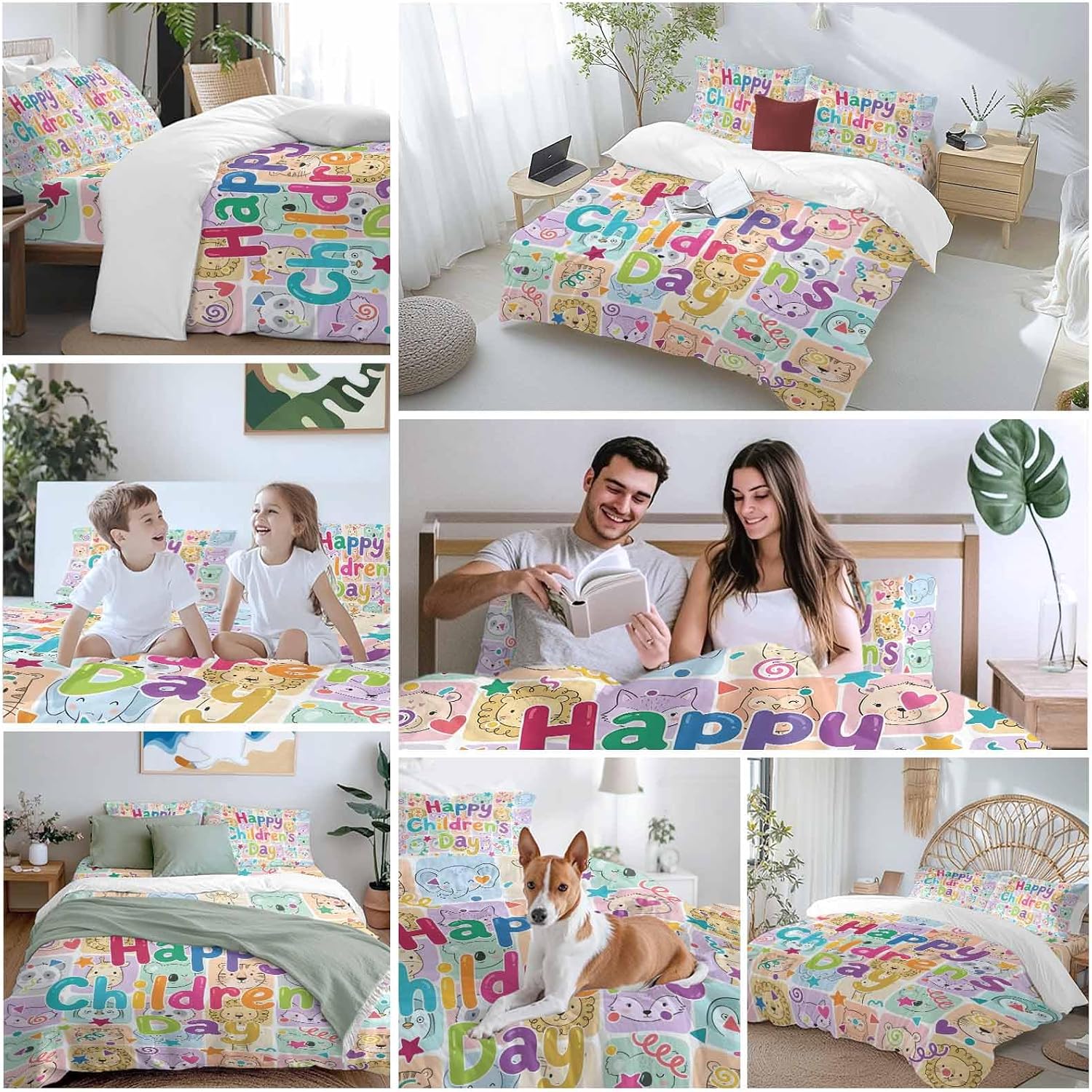 Happy Children's Day Duvet Cover Set Queen 4 Pieces Cartoon Animal Tigers Koalas Elephant Lions Foxes Plaid Bedding Set with Zipper Closure,1 Comforter Cover 92x106 Inch 1 Flat Sheet&2 Pillow Cases