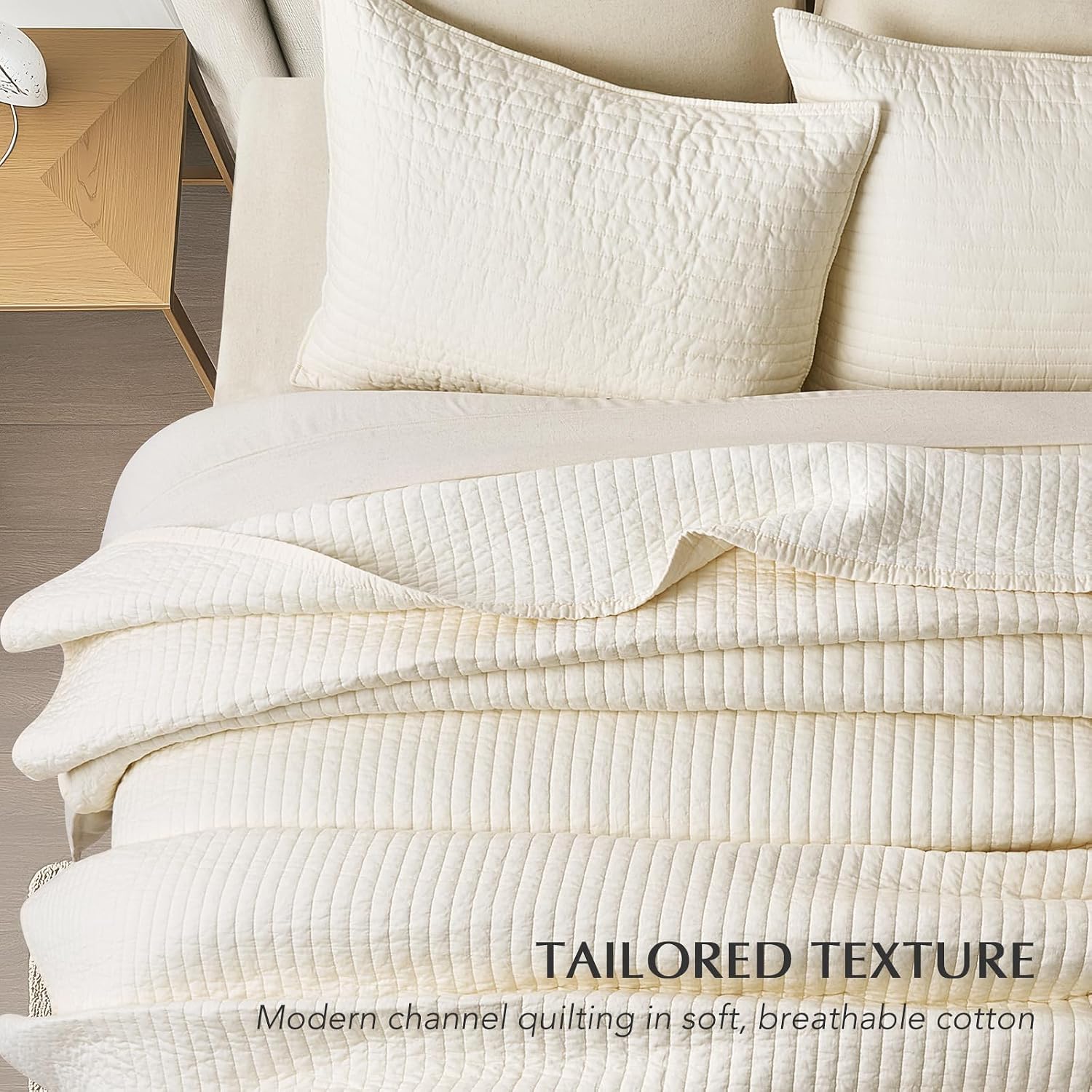 EVERGRACEHOME Cotton Sateen Quilt Set King Size, Pre-Washed Cotton Channel Stitch Coverlet Bedspread, 3 Pieces Lightweight Soft Bedding Sets for All Season, with 2 Pillow Shams, Cream