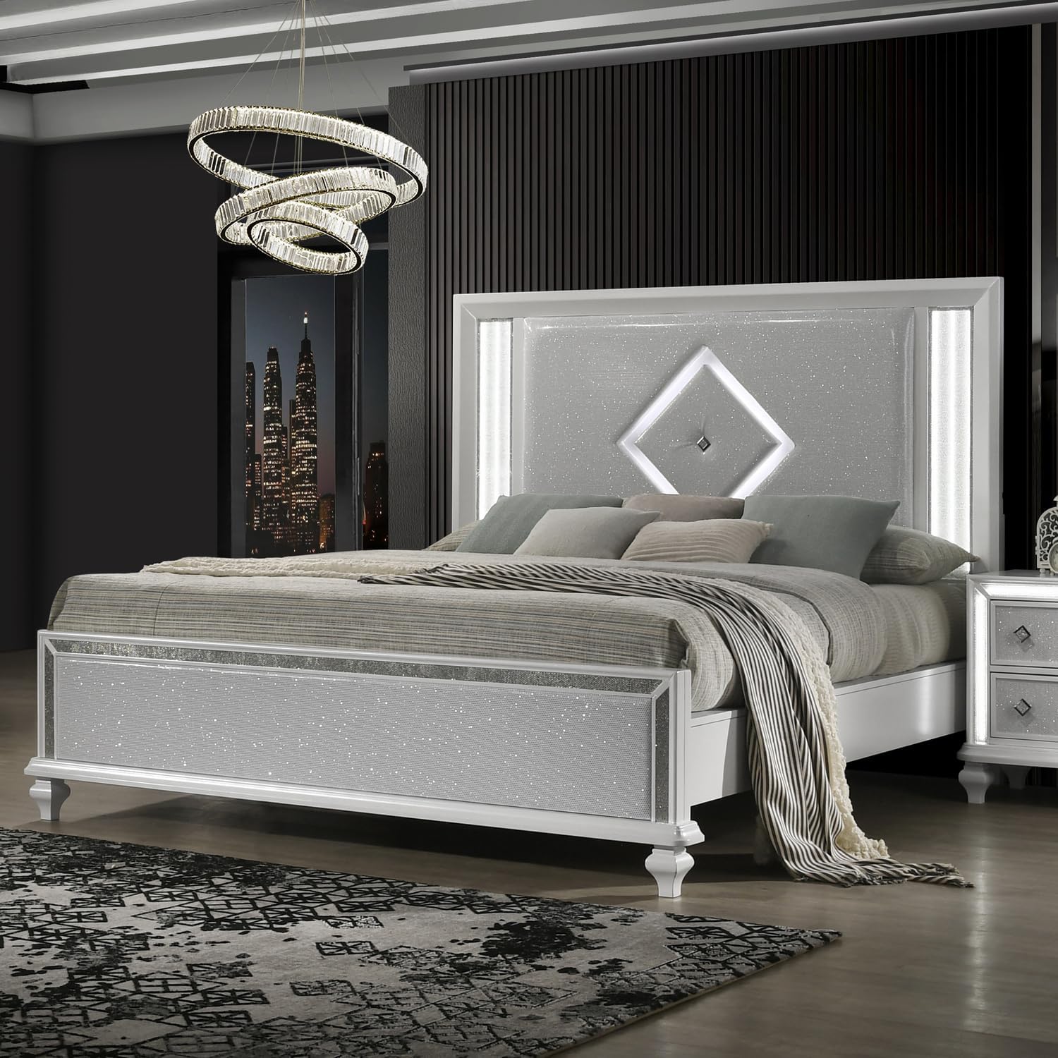 HomeStock White Bed Frame with Lights - Modern Bedroom Furniture - Headboard & Footboard California King
