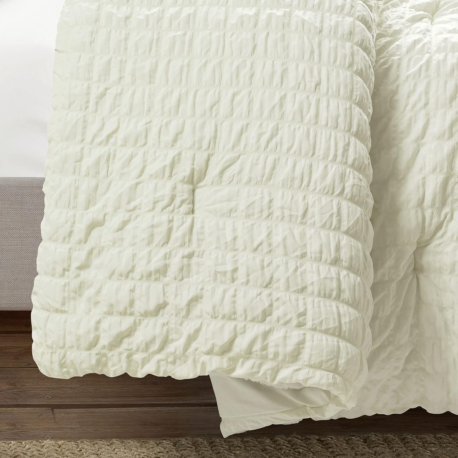Lush Decor Crinkle Textured Dobby 3 Piece Comforter Set, King, Ivory