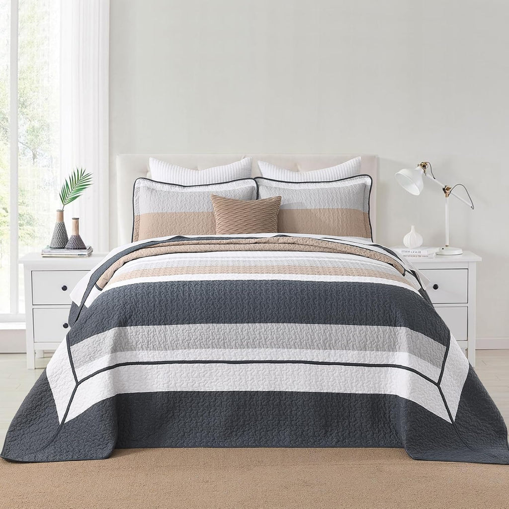 DDUOXIN Oversized Queen Bedspread 102' W x120 L - 100% Cotton Quilt with 2 Pillow Shams, Simple Striped Design Lightweight Durable Bedding, Perfect for Modern Bedrooms, Brown/Blue/Gray/White