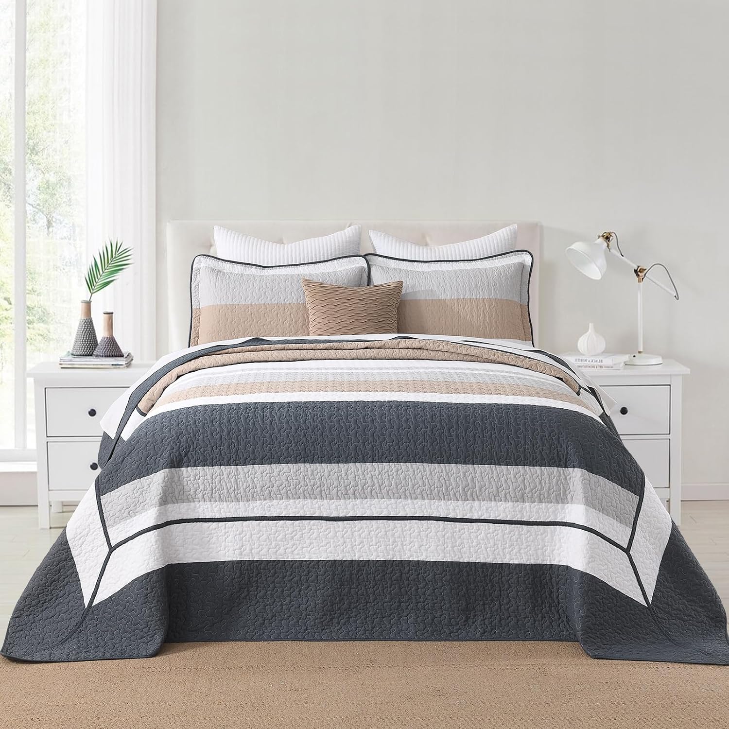 DDUOXIN Oversized Queen Bedspread 102' W x120 L - 100% Cotton Quilt with 2 Pillow Shams, Simple Striped Design Lightweight Durable Bedding, Perfect for Modern Bedrooms, Brown/Blue/Gray/White