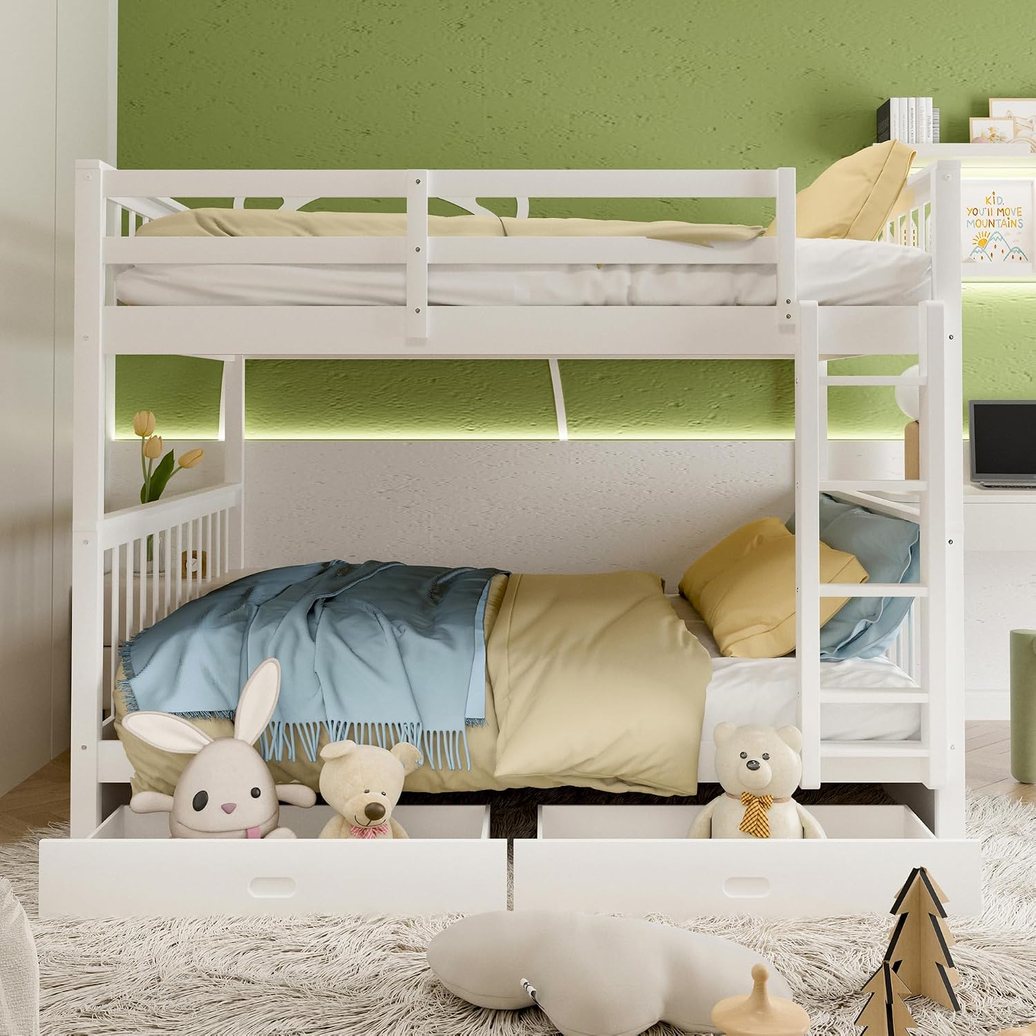 Merax Wood Bunk Bed with Drawers,Convertible Bunk Bed with Ladders and Two Storage Drawers,Solid Wood Detachable Bed Frame with Ladders,Full Over Full,White