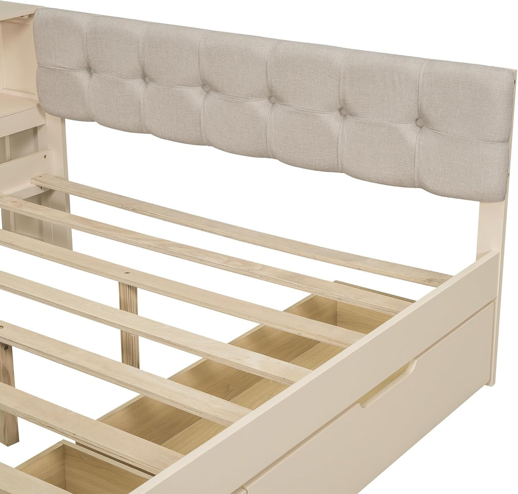 Ball & Cast Wood Full Size Platform Bed with Storage Shelves and Drawers,Multiple Bed Frame w/Charging Station & Upholstered Headboard,Bedroom Furniture Bedframe for Apartment,Cream