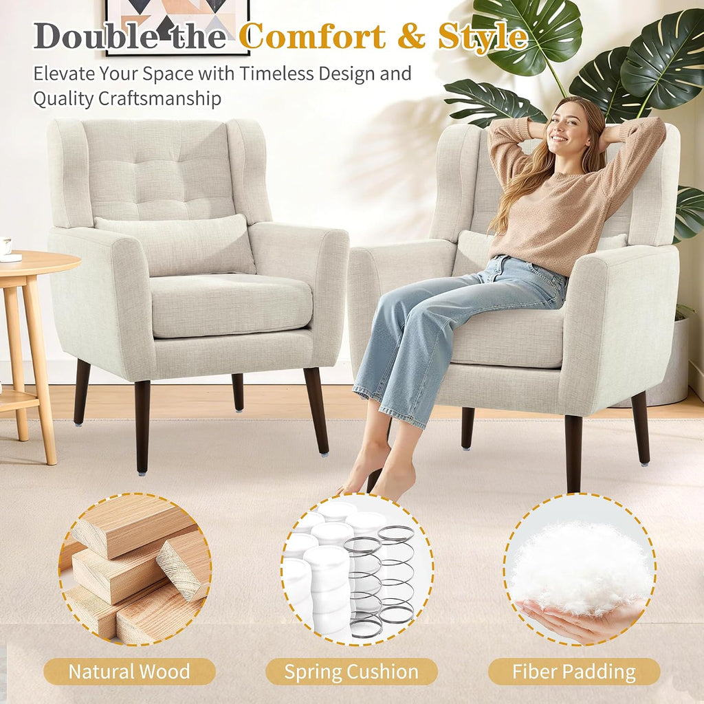 Modern Accent Chair, Upholstered Armchair with Pillow, Fabric Single Sofa Chair with Lounge Seat and Wood Legs Accent Chair for Living Room Bedroom Small Spaces (Beige, Set of 1)