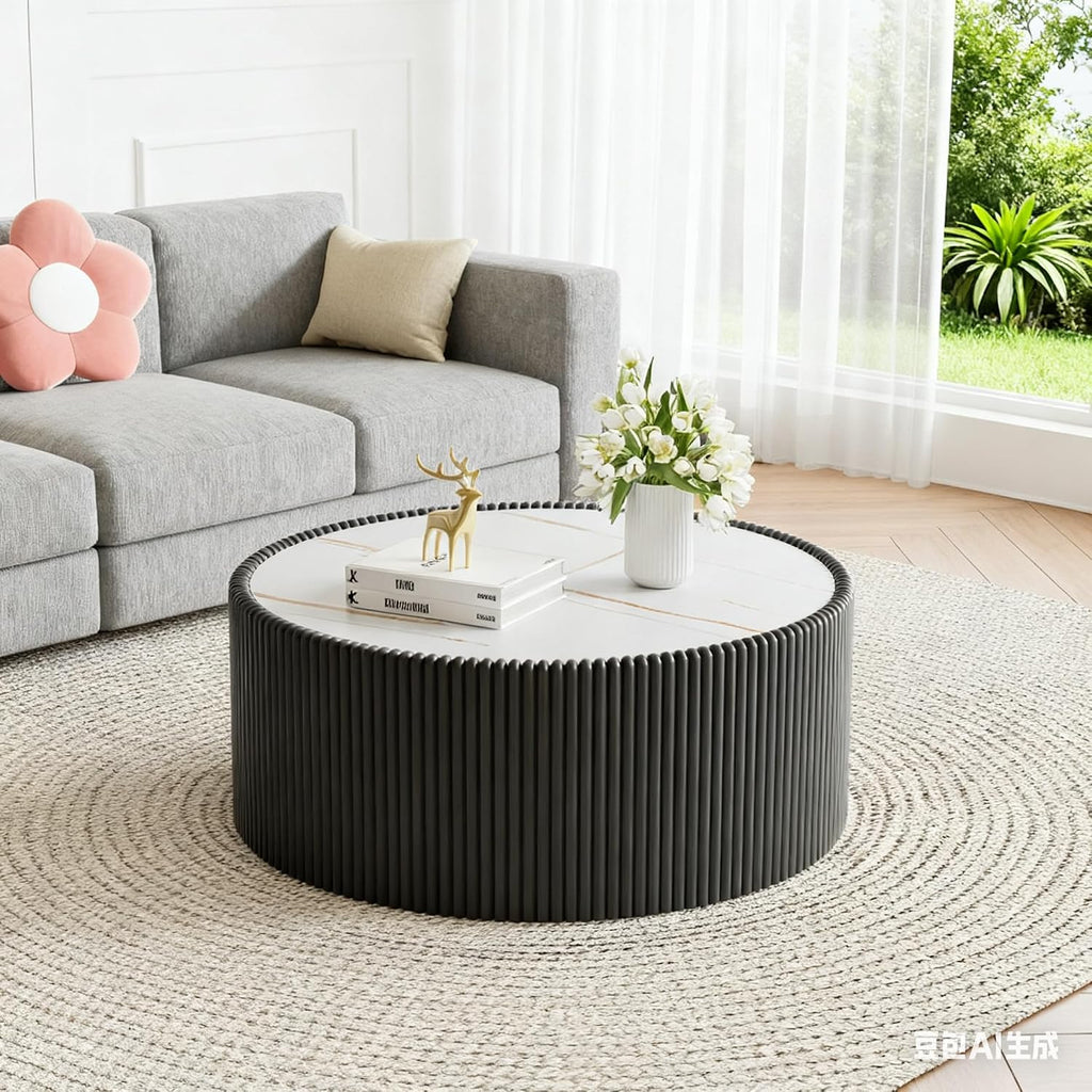 Round Coffee Table Set, 29.52' Black Drum Center Table and 17.71' White Coffee Table Set, 2 Pieces Living Room Table Set with Sintered Stone Tabletop, Fluted PU Leather Covered and Stable Base