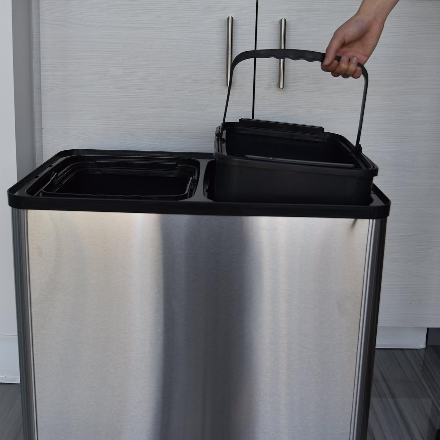 iTouchless 16 Gallon Touchless Sensor Kitchen Trash Can and Recycle Bin with Wheels, 61 Liter Stainless Steel Dual-Compartment (2 x 8 Gallon) Combo Recycling and Garbage Trashcan